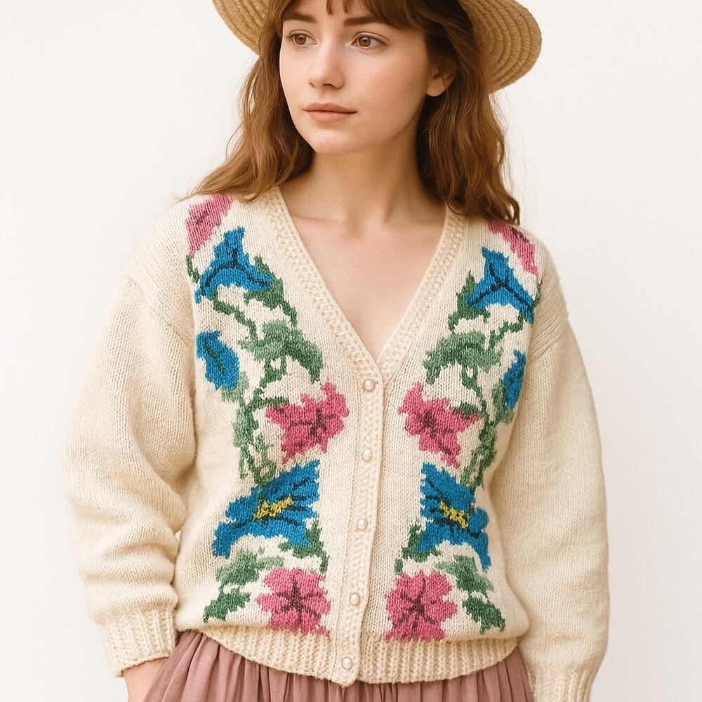 Vintage Cottagecore Hand Knit Crochet Granny Sweater Flower Pearl Buttons L XL - Picture 2 of 16